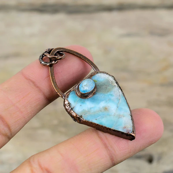Larimar Pendant Natural Gemstone Jewelry Handmade Electroformed Copper Pendant 