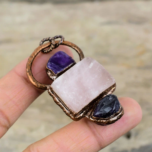 Rose Quartz Rough Gemstone Pendant Electroformed Copper African Amethyst Pendant 
