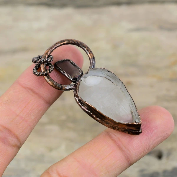 White Topaz Rough Gemstone Pendant Electroformed Copper Smoky Quartz Pendant 