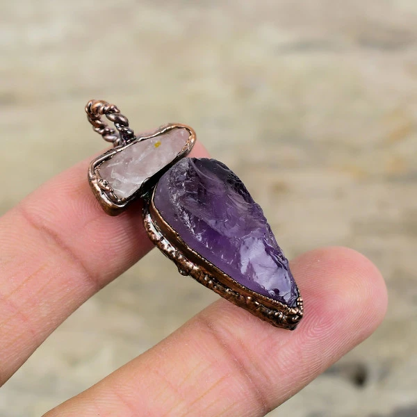 African Amethyst Rough Pendant Electroformed Copper Rose Quartz Rough Pendant 
