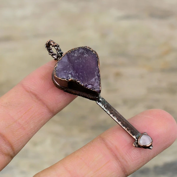 African Amethyst Rough Pendant Electroformed Copper Rose Quartz Gemstone Jewelry
