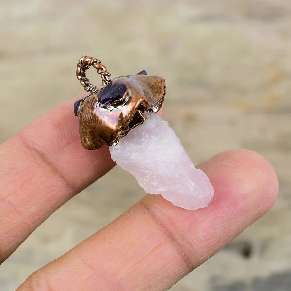Rose Quartz Rough & African Amethyst Rough Pendant Electroformed Copper Jewelry