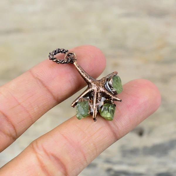 Green Tourmaline Rough Pendant Electroformed Copper Pendant Real Gemstone Jewelry