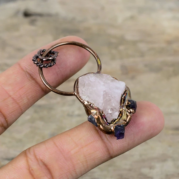 Rose Quartz Rough Gemstone Pendant Electroformed Copper Amethyst Rough Pendant