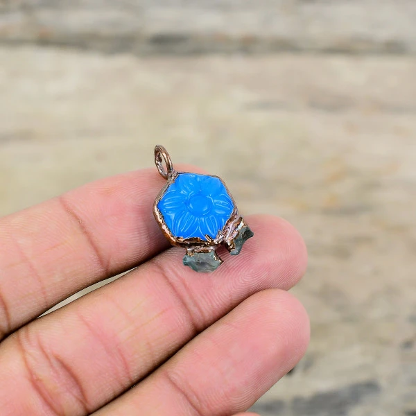 Carved Blue Onyx Pendant Electroformed Copper Pendant Aquamarine Rough Jewelry