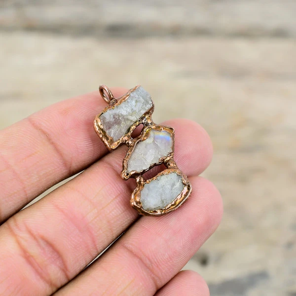 Rainbow Moonstone Rough Pendant Electroformed Copper Jewelry Gemstone Pendants