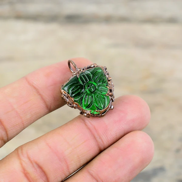 Carved Chrome Diopside Pendant Handmade Electroformed Copper Gemstone Pendants