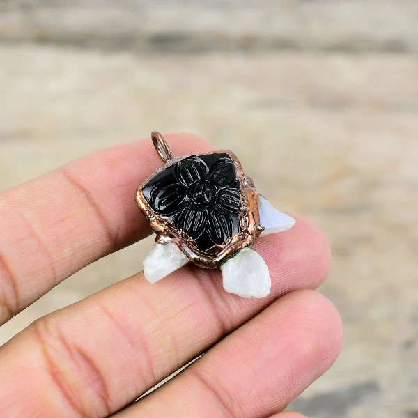Carved Black Onyx Pendant Handmade Electroformed Copper Moonstone Rough Pendants