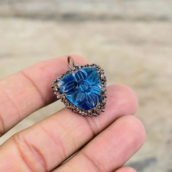 Carved Apatite Pendant Handmade Gemstone Jewelry Electroformed Copper Pendant