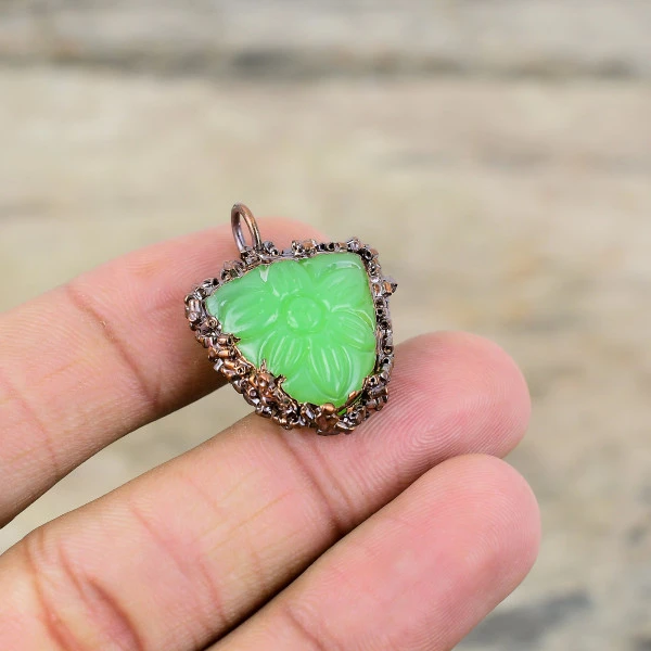 Carved Green Onyx Gemstone Pendant Handmade Jewelry Electroformed Copper Pendant