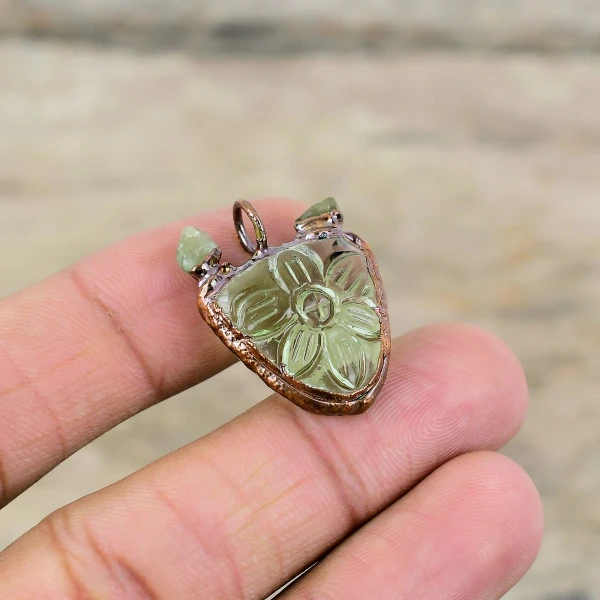 Carved Peridot Gemstone Pendant Electroformed Copper Pendant Handmade Jewelry 