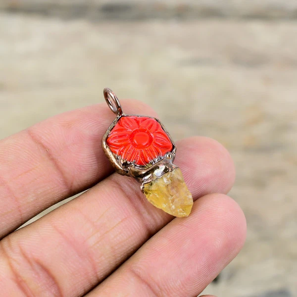 Carved Red Onyx Pendant Electroformed Copper Pendant Citrine Gemstone Jewelry 