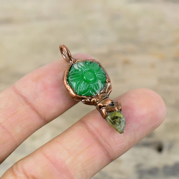 Carved Green Onyx Electroformed Copper Pendant Green Tourmaline Rough Jewelry 