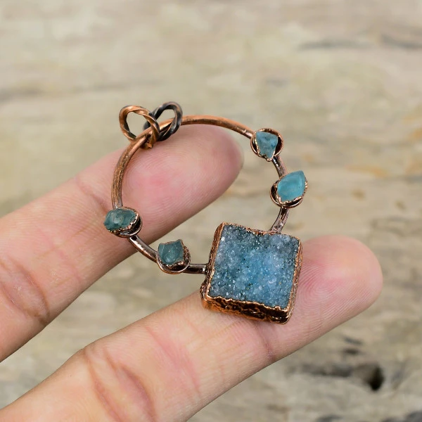 Blue Druzy Pendant Electroformed Copper Jewelry Neon Apatite Rough Stone Pendant