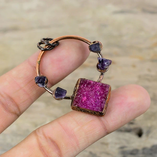 Pink Druzy Pendant Electroformed Copper Jewelry African Amethyst Rough Pendant
