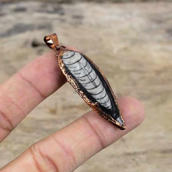 Orthoceras Fossil Pendant Handmade Gemstone Jewelry Electroformed Copper Pendant