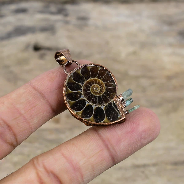 Ammonite Fossil Pendant Aquamarine Rough Jewelry Electroformed Copper Pendant