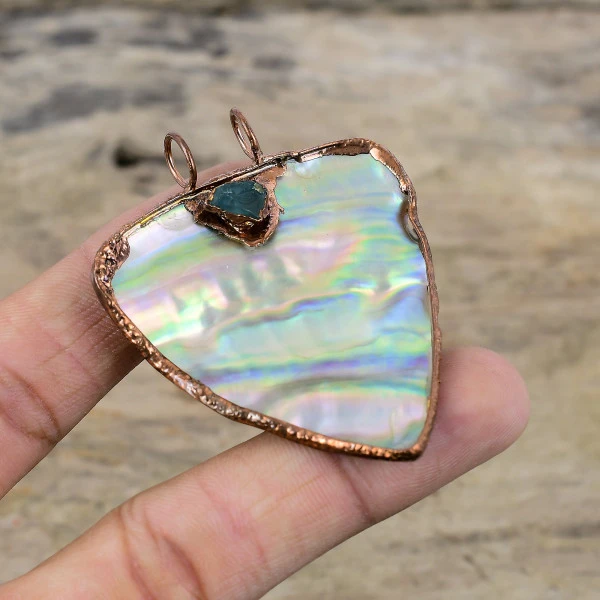 Abalone Shell Rough Pendant Aquamarine Rough Jewelry Electroformed Copper Pendant