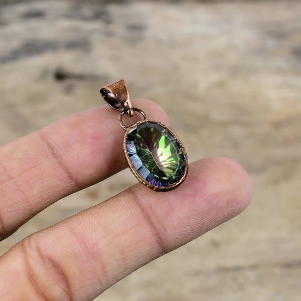 Faceted Rainbow Mystic Topaz Gemstone Pendant Electroformed Copper Unique Jewelry