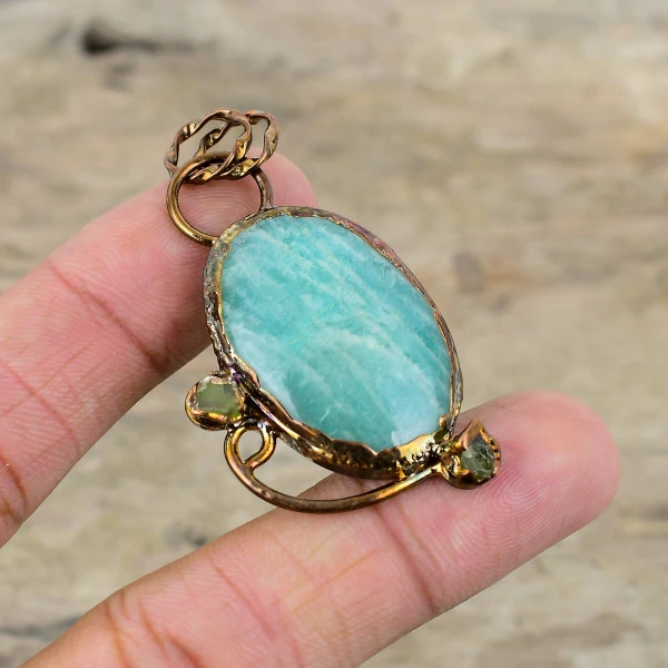 Amazonite Pendant Electroformed Copper Jewelry Green Tourmaline Rough Pendant