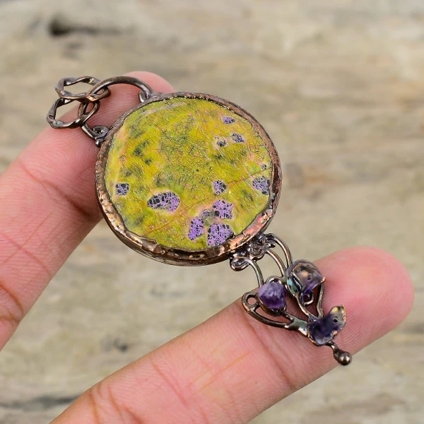 Stichtite & African Amethyst Rough Pendant Electroformed Copper Gemstone Jewelry