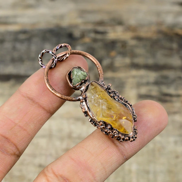 Citrine Rough Pendant Green Tourmaline Rough Pendant Electroformed Copper Jewelry