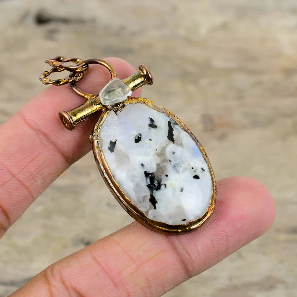 Rainbow Moonstone Pendant Natural Gemstone Jewelry Electroformed Copper Pendant
