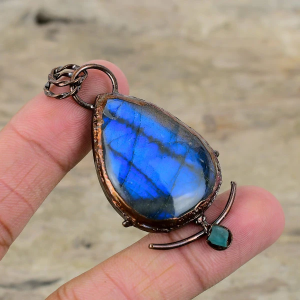 Labradorite And Aquamarine Rough Pendant Gemstone Electroformed Copper Pendant