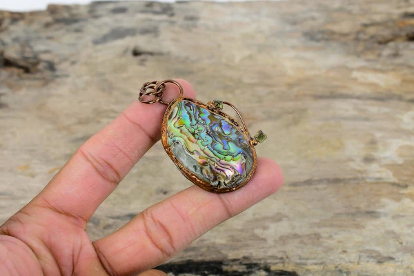 Abalone Shell Gemstone Pendant Handmade Electroformed Copper Peridot Pendant