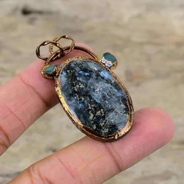 Larvikite Gemstone Pendant Handmade Electroformed Copper Aquamarine Rough Pendant