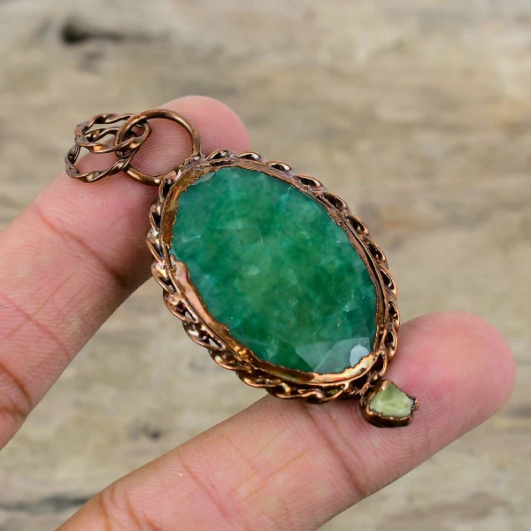 Faceted Zambian Emerald Pendant Electroformed Copper Green Tourmaline Jewelry