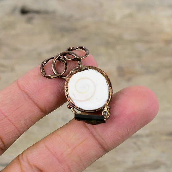 Shiva Eye Shell & Green Tourmaline Rough Pendant Electroformed Copper Jewelry