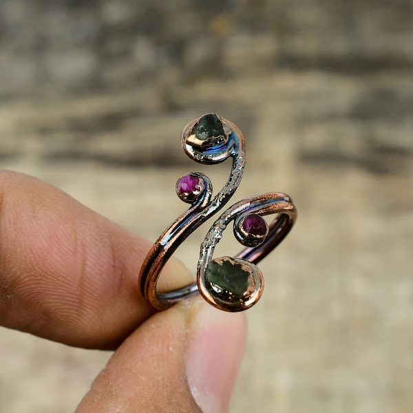 Multi Tourmaline Rough Round Pink Handmade Copper Electroformed Ring