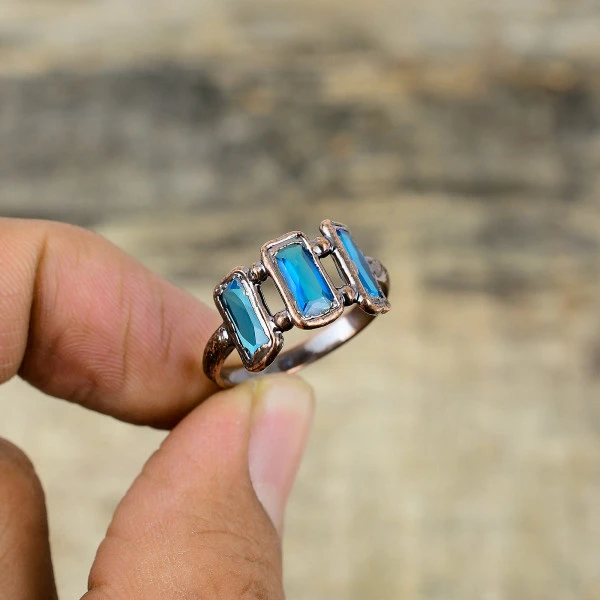 Swiss Blue Topaz Radiant Blue Handmade Copper Electroformed Ring