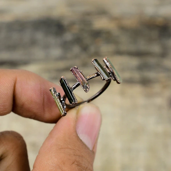 Multi Tourmaline Rough Radiant Green Handmade Copper Electroformed Ring