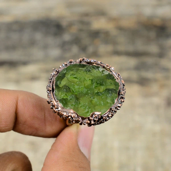 Moldavite Green Electroformed Copper Ring – Handmade Adjustable Natural Gemstone Jewelry