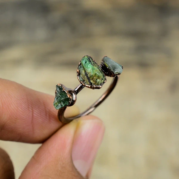 Green Tourmaline Rough Trillion Green Handmade Copper Electroformed Ring