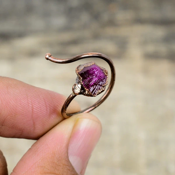 Pink Tourmaline Rough Round Pink Handmade Copper Electroformed Ring