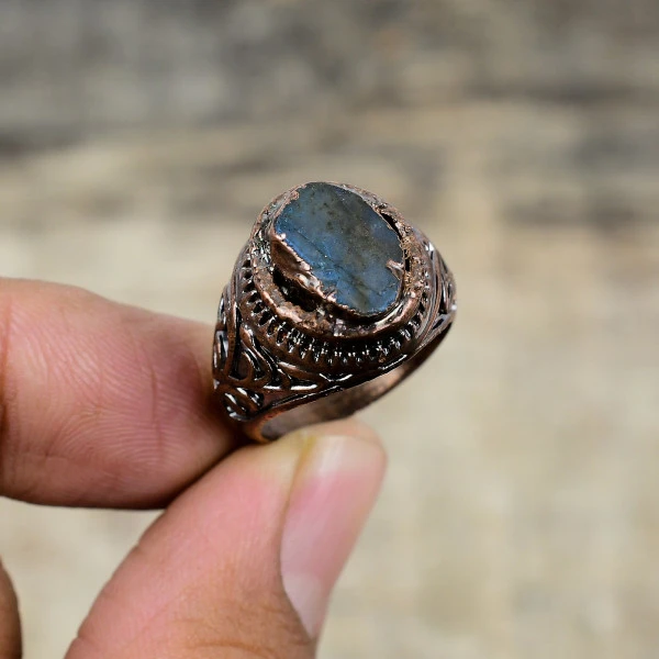 Labradorite Rough Oval Gray Handmade Copper Electroformed Ring