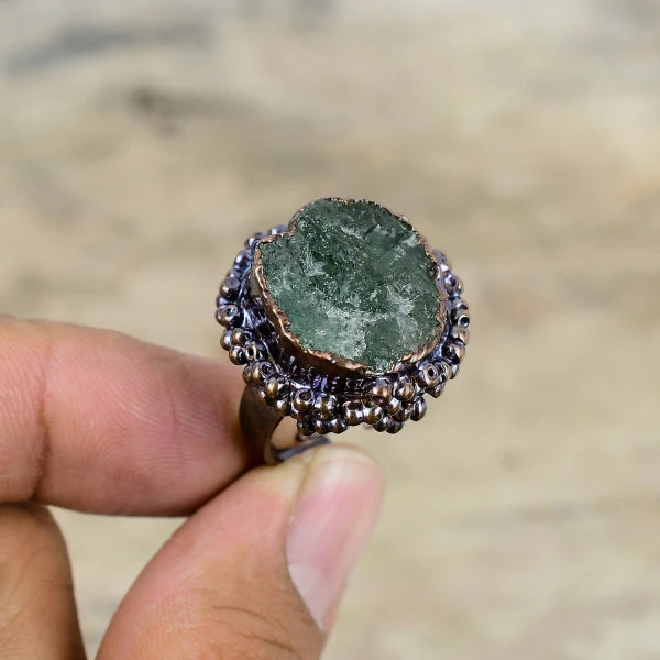 Green Tourmaline Rough Round Green Handmade Copper Electroformed Ring