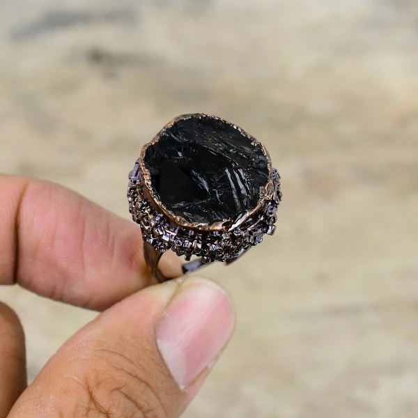 Black Tourmaline Rough Round Black Handmade Copper Electroformed Ring