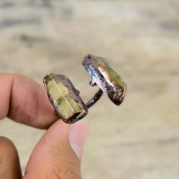 Citrine Rough Pentagon Yellow Handmade Copper Electroformed Ring
