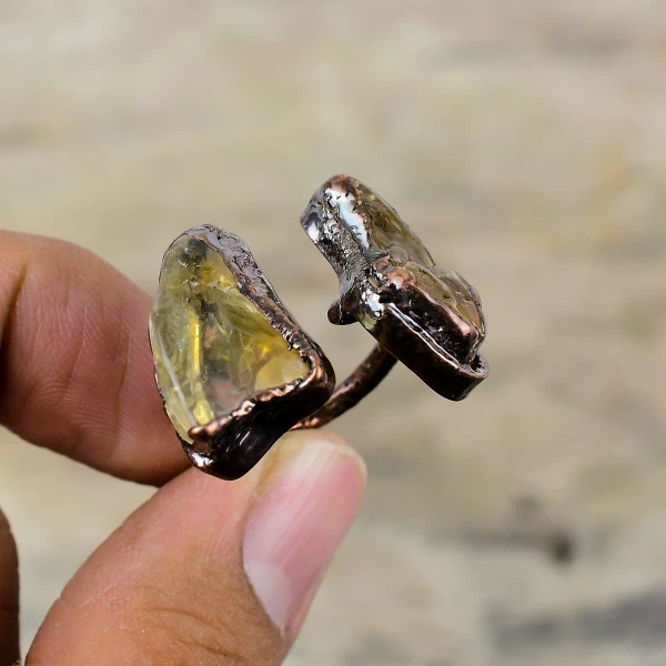 Citrine Rough Pentagon Yellow Handmade Copper Electroformed Ring