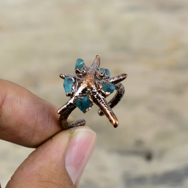 Aquamarine Rough Pentagon Blue Handmade Copper Electroformed Ring