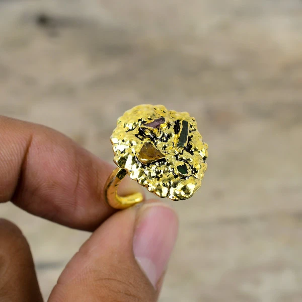 Multi Tourmaline Rough Trillion Yellow Handmade Copper Electroformed Ring