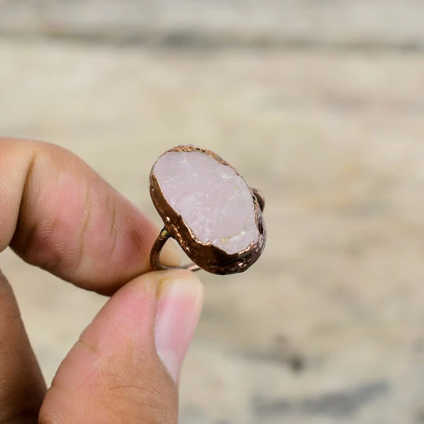 Rose Quartz Rough Oval Pink Handmade Copper Electroformed Ring
