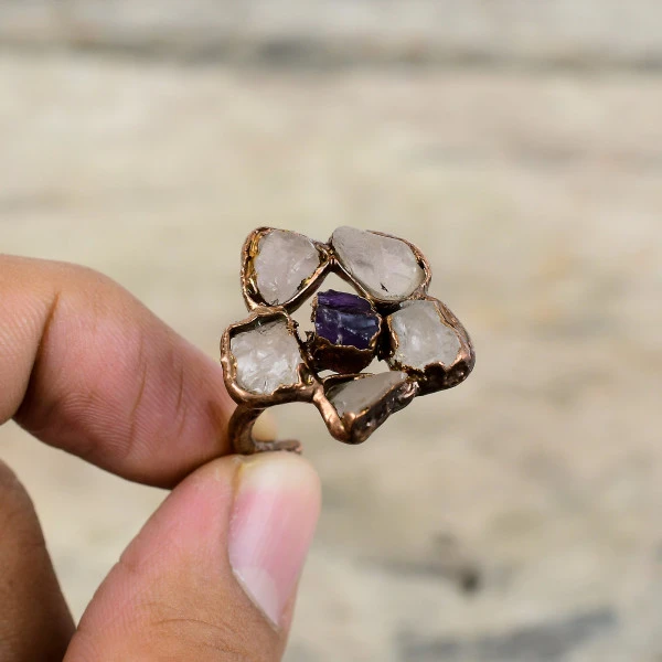 Rose Quartz Rough Pentagon Pink Handmade Copper Electroformed Ring