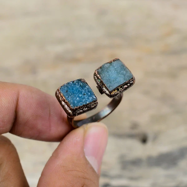 Blue Druzy Square Blue Handmade Copper Electroformed Ring