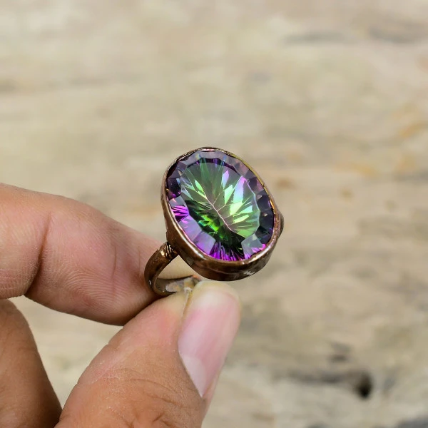 Rainbow Mystic Topaz Oval Green Handmade Copper Electroformed Ring