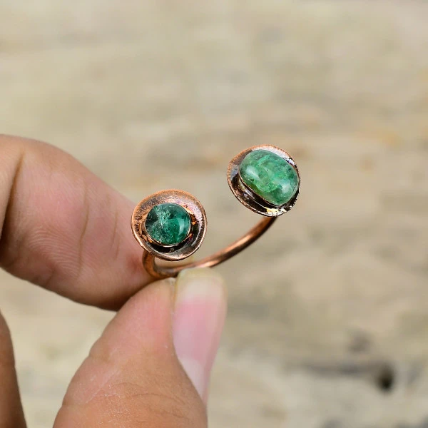 Zambian Emerald Round Green Handmade Copper Electroformed Ring